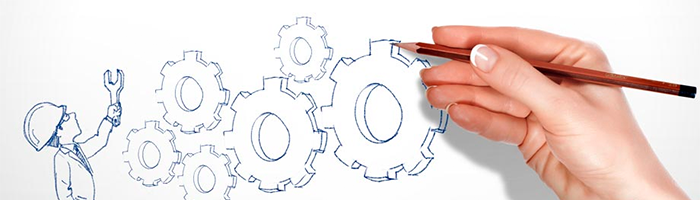 CRM coaching tekening in de vorm van tandwielen en een persoon die er aan draait