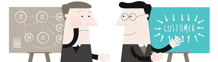 Illustratie van twee mannen over klantloyaliteit in retail